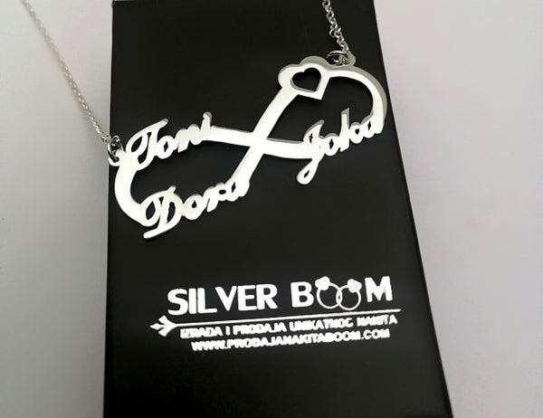 Ogrlica Beskonačno sa Srcem i Tri Imena - Silver Boom